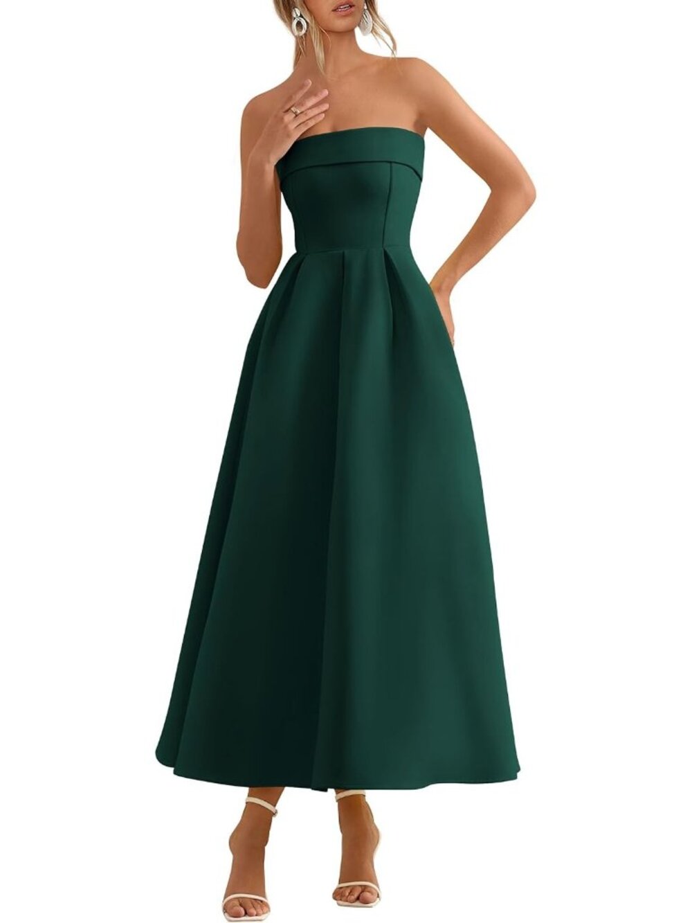 Women's Dark Green Summer Formal Elegant Tube Top Strapless Wedding Midi Dress